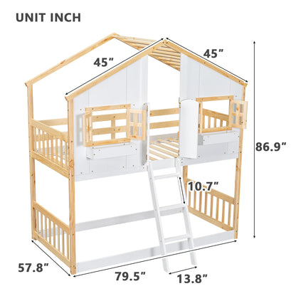 Twin House Bunk Bed for Kids with Roof, Windows, and Safety Features - Natural/White Finish