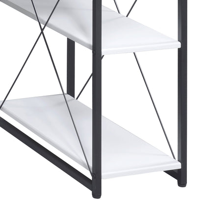 Modern White and Black Writing Desk with Open Shelving and Hutch