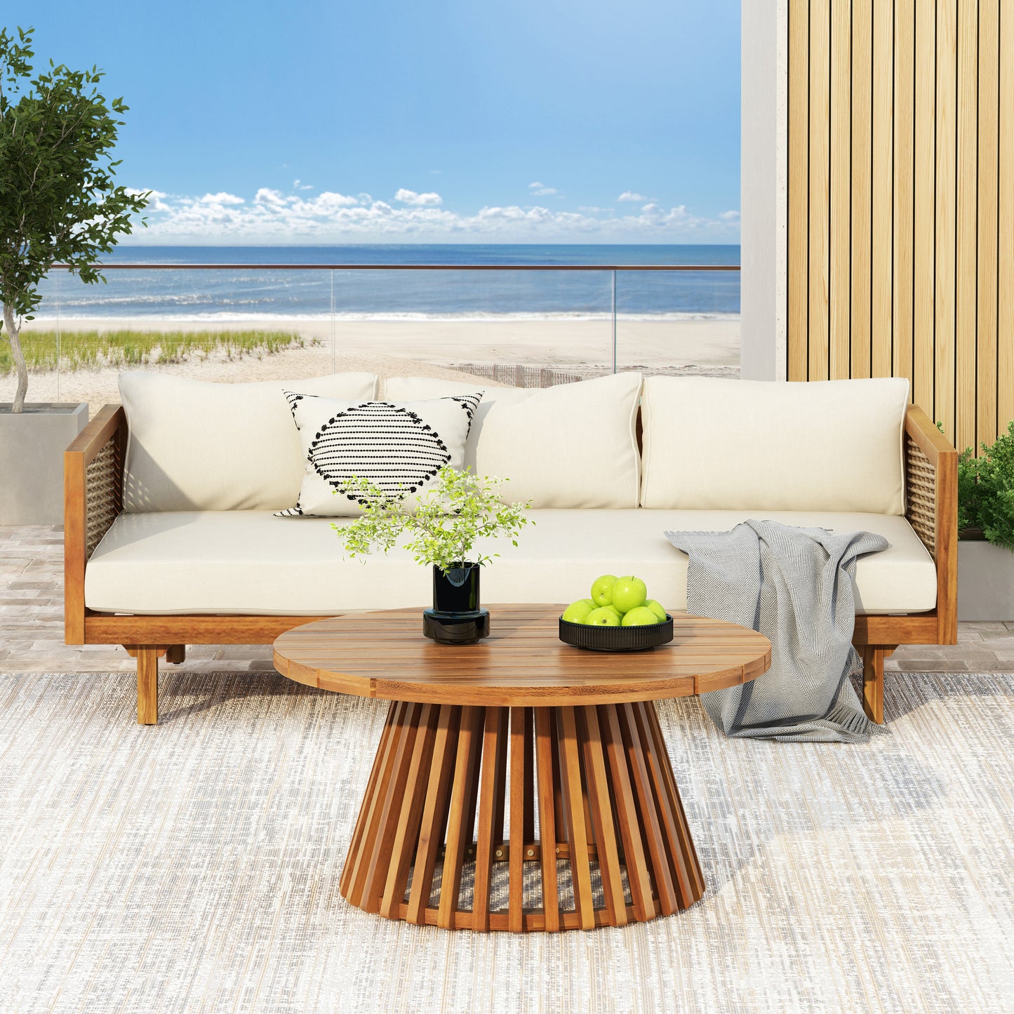 Rattan Sectional Outdoor Furniture Set For Garden Deck Weather-Resistant Acacia Wood Frame With Waterproof Cushions Beige