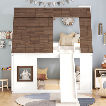 Wooden Twin House Bunk Bed with Roof, Ladder, and Slide in White and Brown