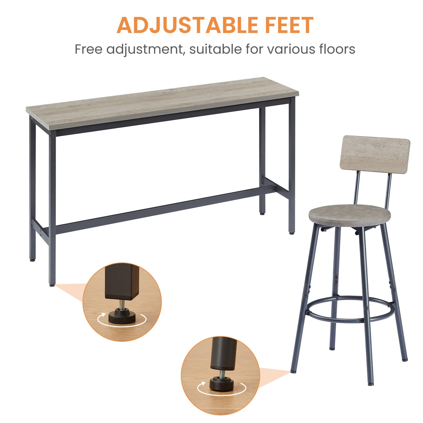 Industrial Long Bar Table Set With 3 PU Bar Stools 63 Inch