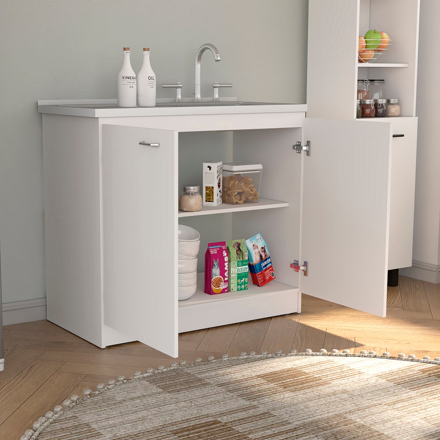 Versatile White Kitchen Utility Sink Cabinet with Storage