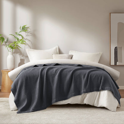 Twin Cotton Blanket 66x90 in, 300gsm Waffle Weave, Ultra Soft, Machine Washable, Oeko-Tex, Dark Gray