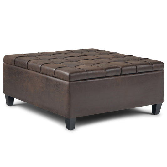 36-Inch Square Lift-Top Coffee Table with Hidden Storage, Tufted Faux Leather Ottoman - Distressed Brown