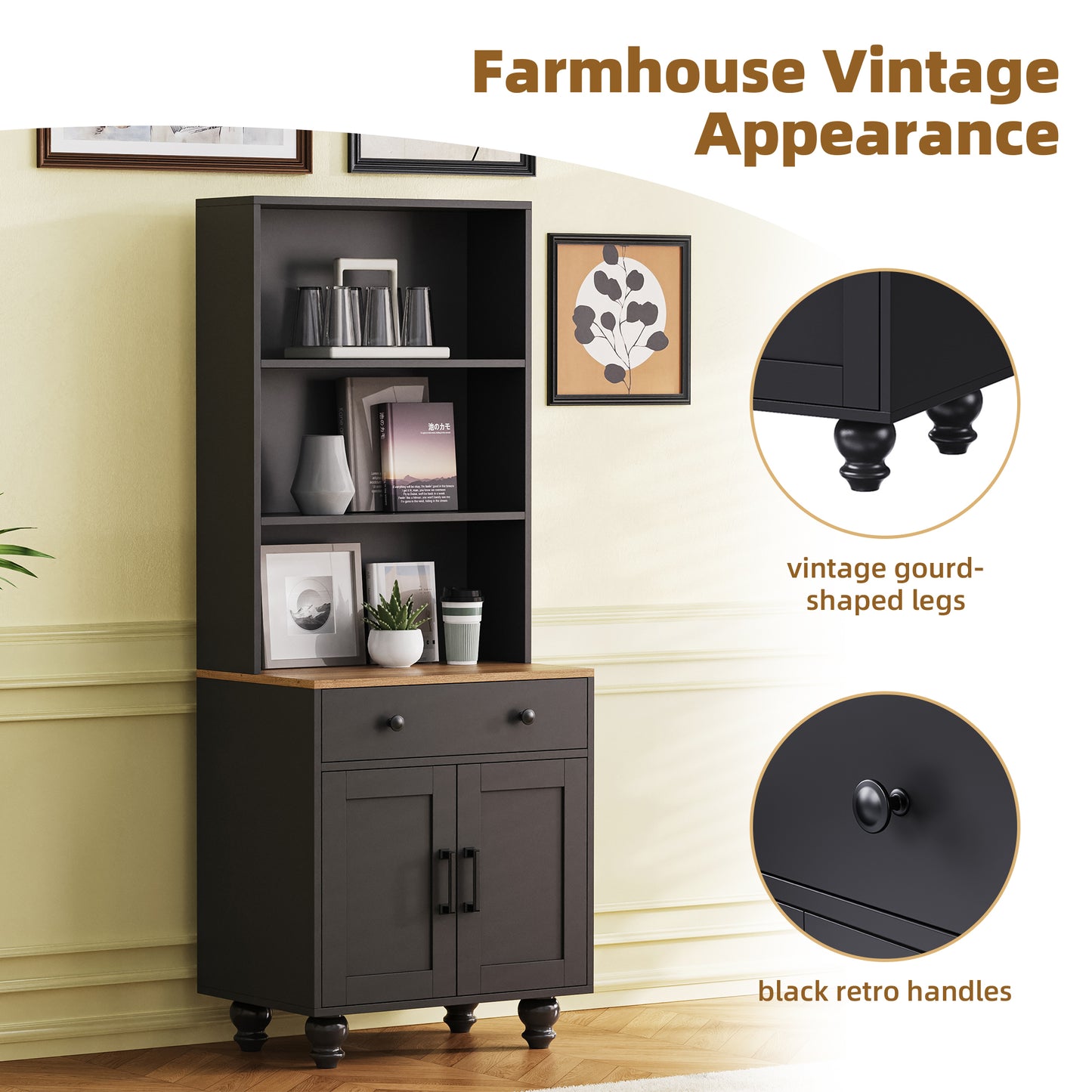 Elegant Black Farmhouse Storage Cabinet with Adjustable Shelves and Gourd-Shaped Legs, Versatile Kitchen Pantry and Bookshelf Solution