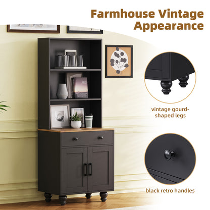 Elegant Black Farmhouse Storage Cabinet with Adjustable Shelves and Gourd-Shaped Legs, Versatile Kitchen Pantry and Bookshelf Solution