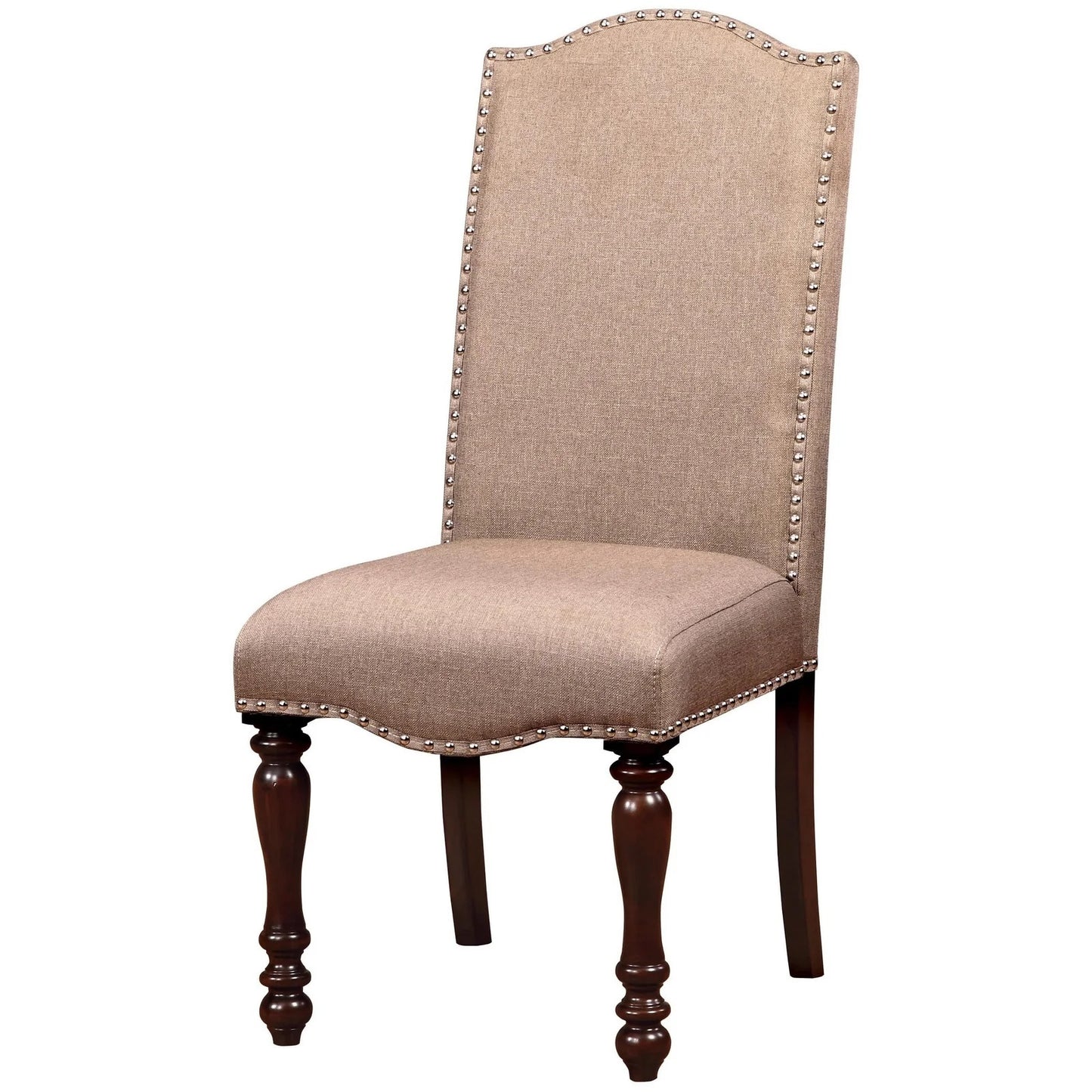 Set of 2 Contemporary Transitional Chairs, Padded Fabric, Solid Wood, Turned Legs, Beige + Antique Cherry