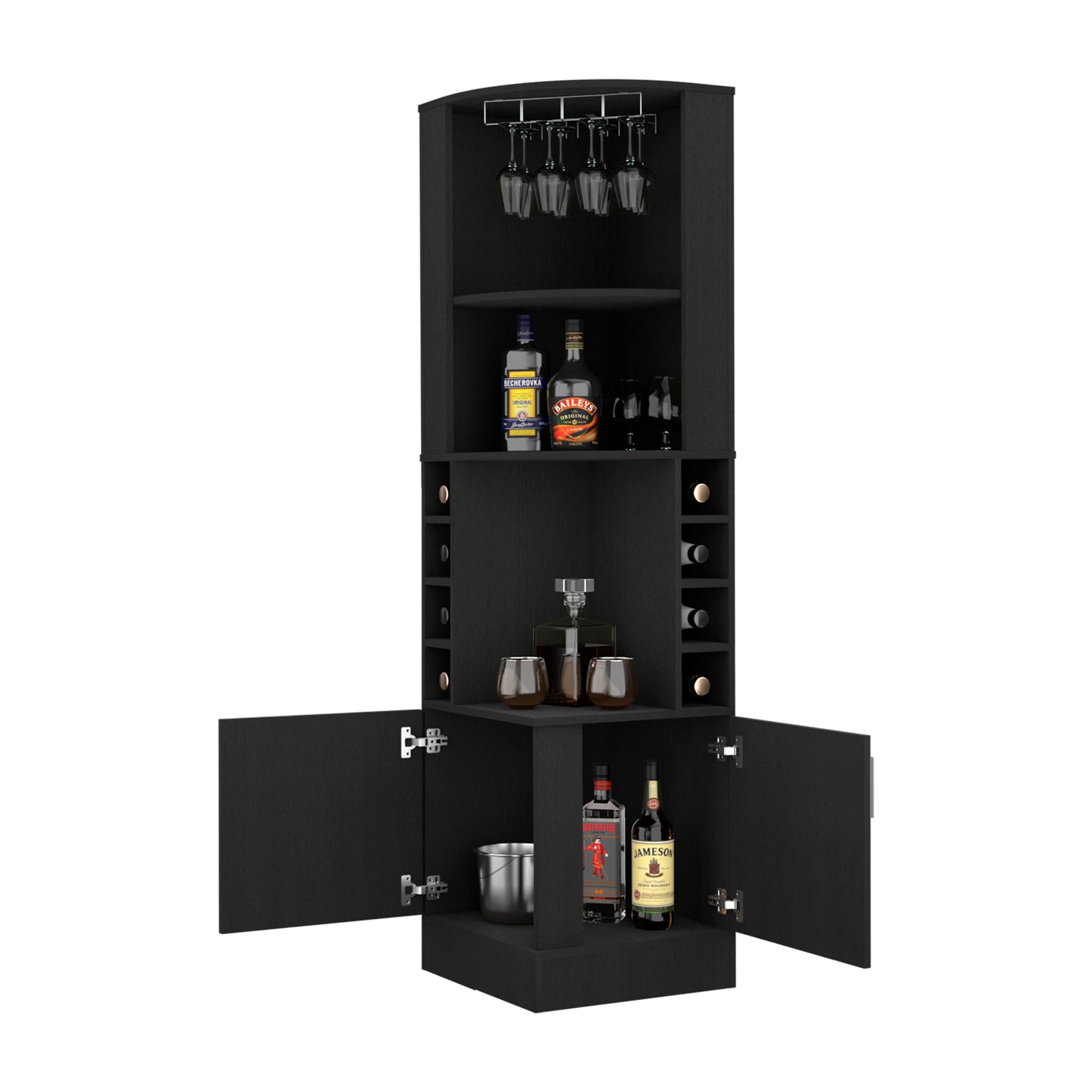 Bar Cabinet with Eight Bottle Cubbies and Two Large Open Shelves, Pine & Melamine, 18.4-Inch Wide, Black