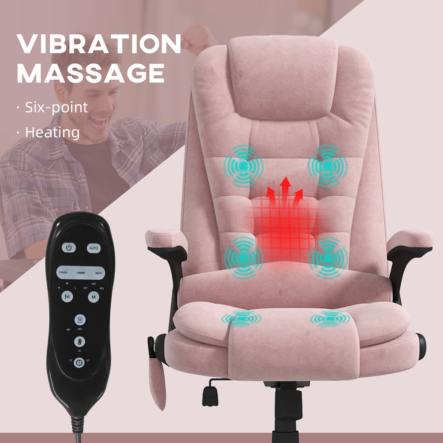 Pink Velvet Executive Office Chair with 6-Point Massage, Heat Function, and Reclining Backrest