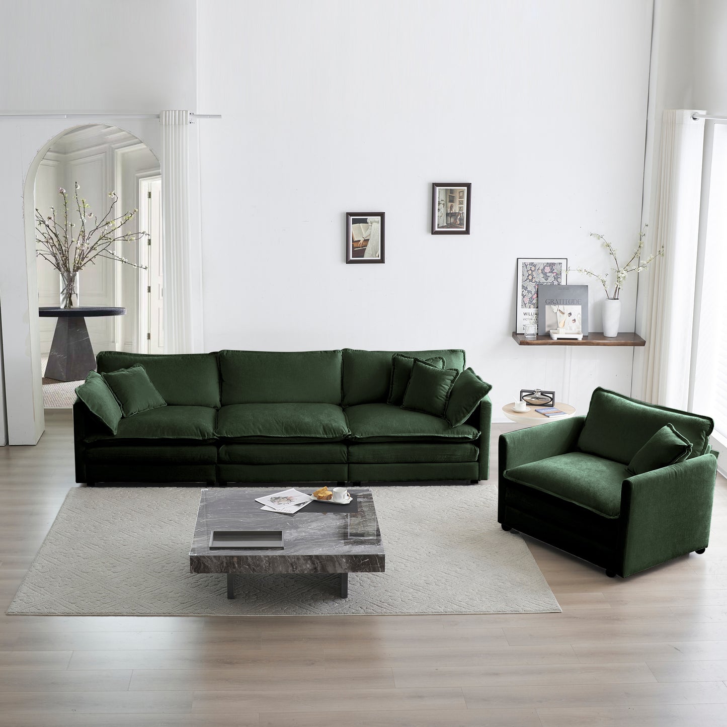 2-Piece Modular Sofa Set: 1 Accent Chair and 3-Seater, Deep Seat, Chenille Upholstery, Living Room Green
