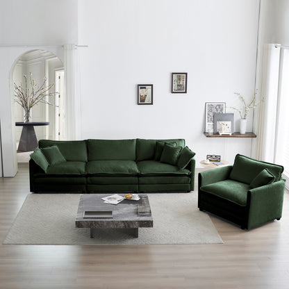 2-Piece Modular Sofa Set: 1 Accent Chair and 3-Seater, Deep Seat, Chenille Upholstery, Living Room Green