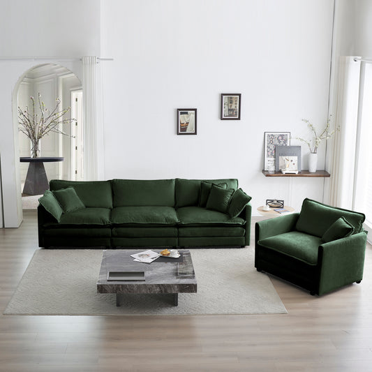 2-Piece Modular Sofa Set: 1 Accent Chair and 3-Seater, Deep Seat, Chenille Upholstery, Living Room Green