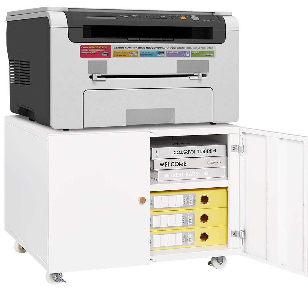 Versatile Mobile Copier Cabinet - White Steel 2-Door Printer and File Stand