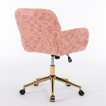 Elegant Pink Upholstered Office Chair with Golden Base - Adjustable Swivel Vanity Chair with Rabbit Fur Cushion