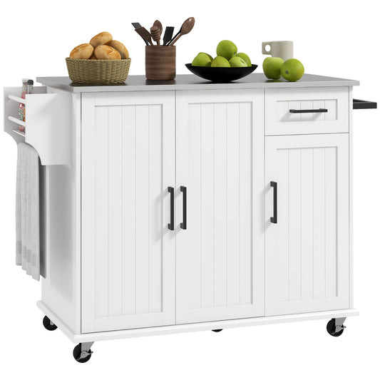 Rolling White Kitchen Island Cart with Stainless Steel Top, Storage Drawers, and Wheels