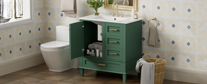 30" Stylish Green Bathroom Vanity with Soft-Close Doors and Sink Combo, Modern Cabinet Featuring 3 Spacious Drawers and Solid Wood Frame