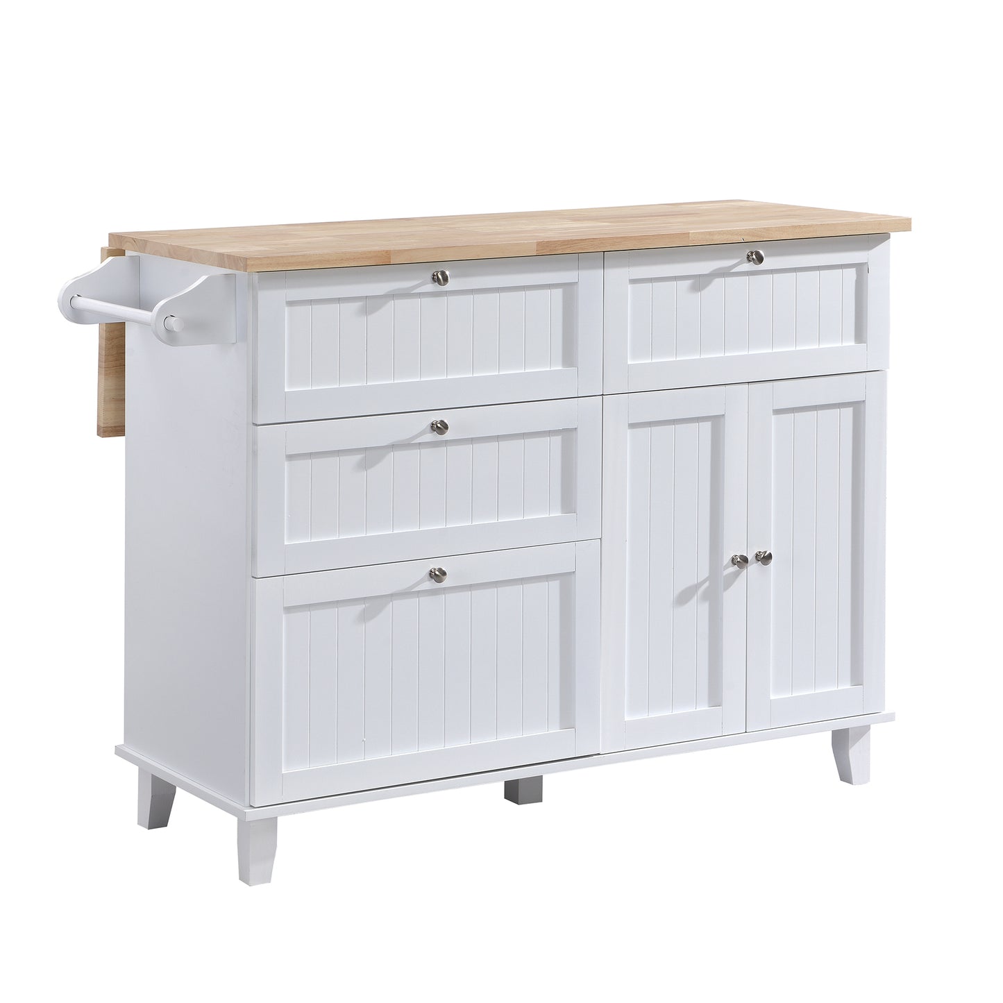 Rustic White Farmhouse Kitchen Island Set with Drop Leaf, 2 Stools, and Ample Storage