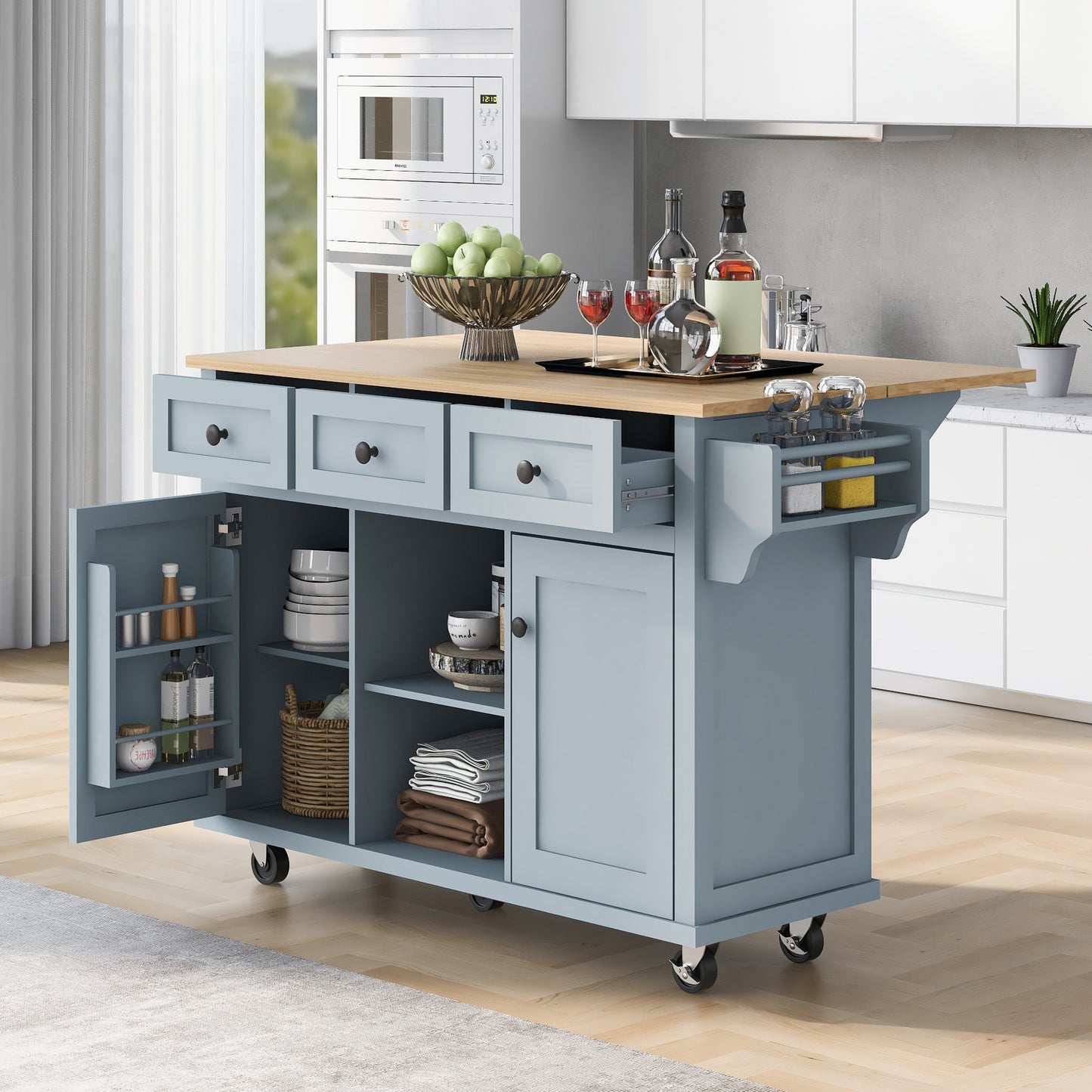Multi-Functional Kitchen Island Cart with Rubber Wood Drop-Leaf Top, Storage Drawers, and Adjustable Shelving in Grey Blue