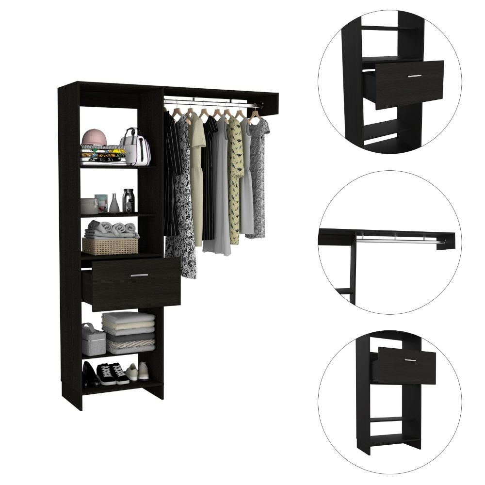 Manchester 150 Modern Closet Organizer with Metal Rod, Open Shelving, and Drawer - Black