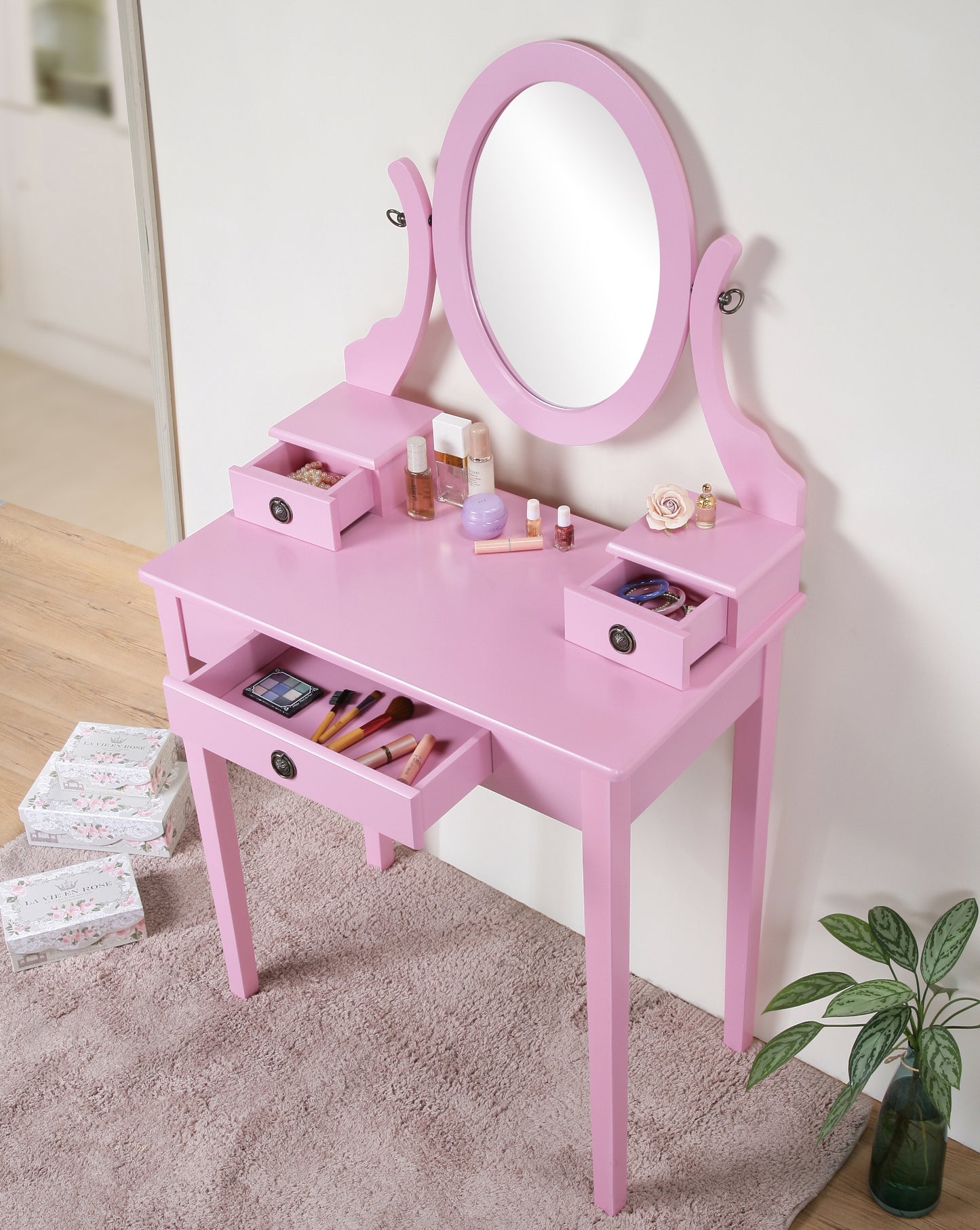 Wood Makeup Vanity Table and Stool Set with Drawers, Perfect for Bedroom Vanity Space, Pink