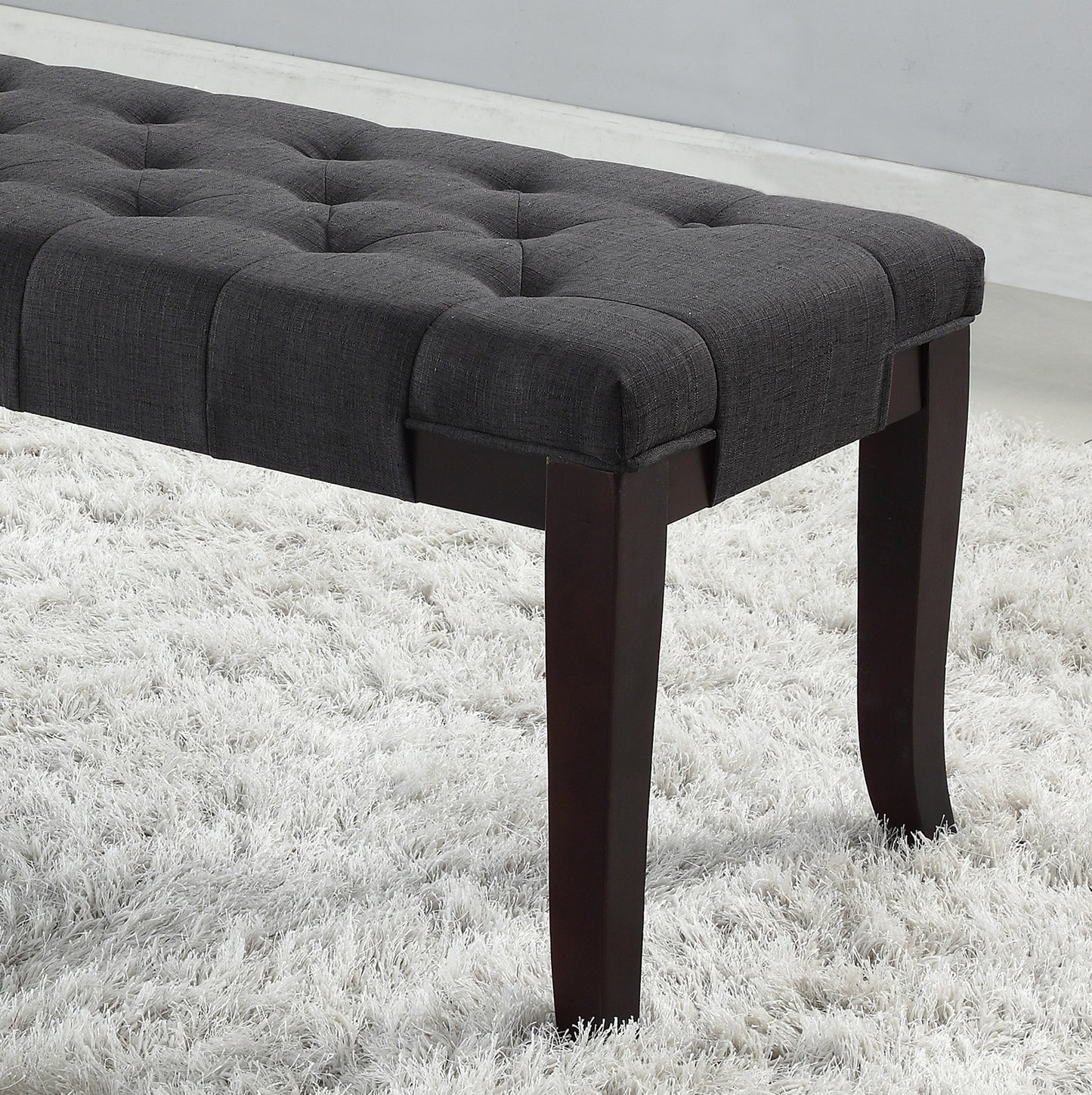 44W Tufted Ottoman Bench, Cotton Upholstery, Solid Hardwood Espresso Legs, 18.25H-16D Foyer/Bedroom Gray
