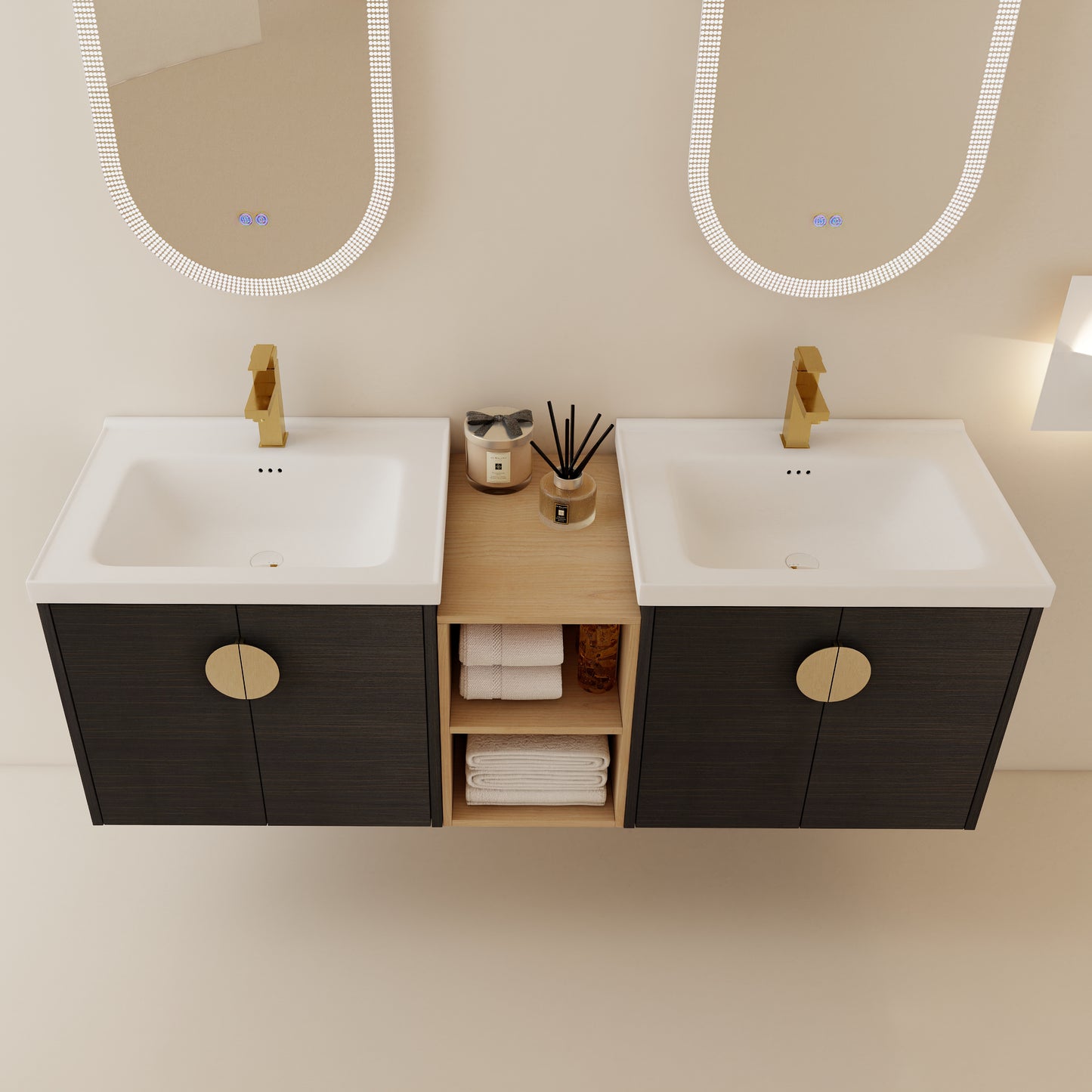 60 Inch Wall-Mounted Bathroom Vanity with Soft Close Doors and Ceramic Sink, Includes Small Storage Shelves - BVC06360BCT