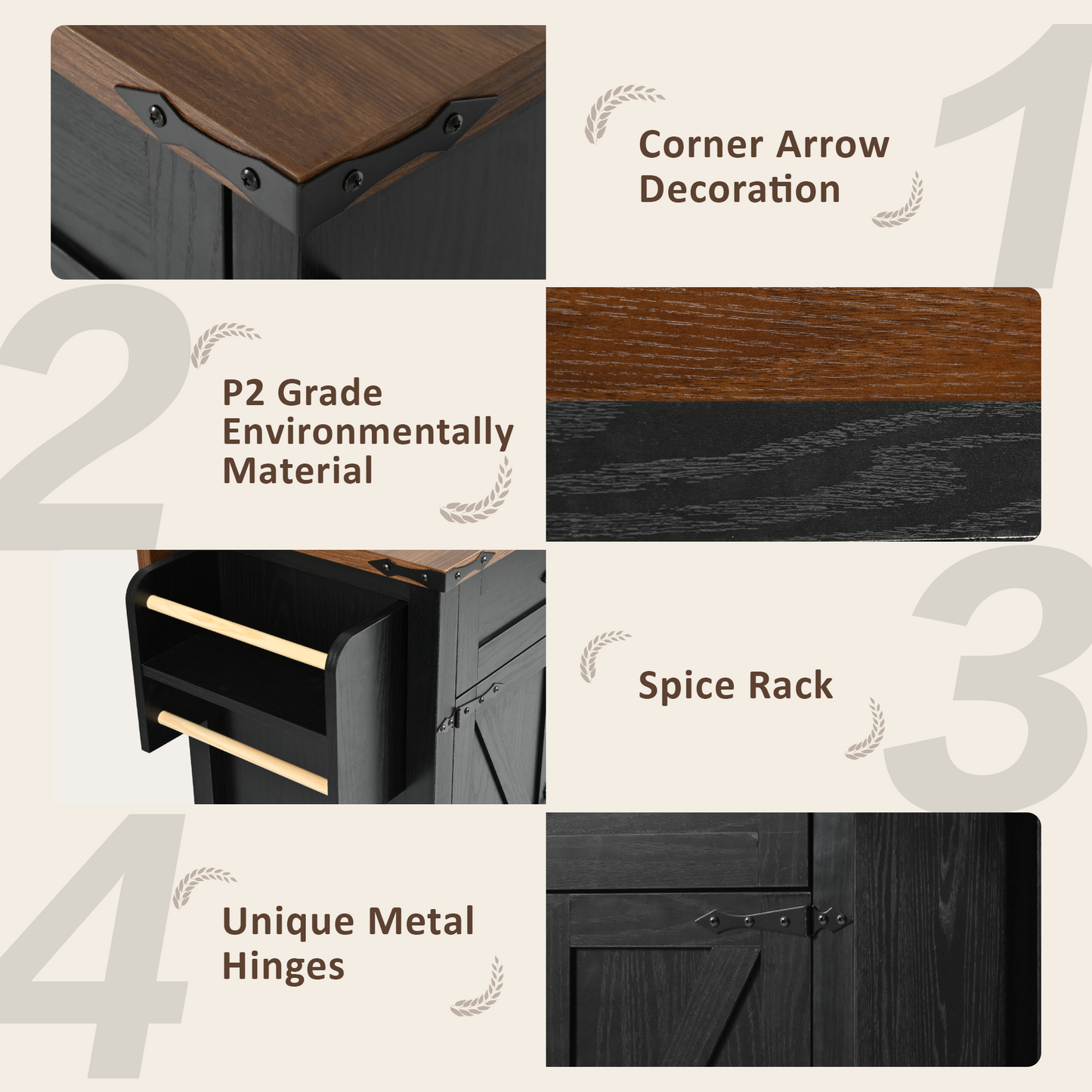 Rolling Farmhouse Kitchen Island with Power Outlet, Drop Leaf Design, Ample Storage, and Spice Rack - Black