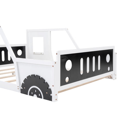 Classic Car-Themed Full Size Platform Bed with Wheels in White