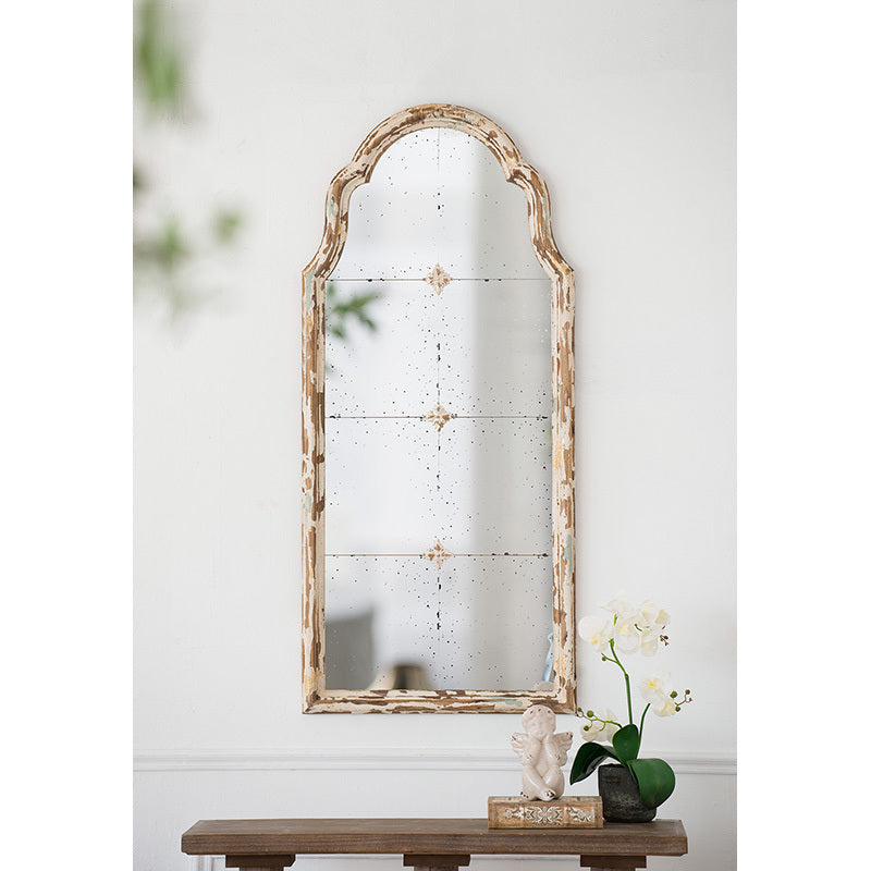 Elegant 22" x 48" Cream & Gold Arched Wall Mirror with Decorative Grid, Perfect for Living Room, Bathroom, or Entryway