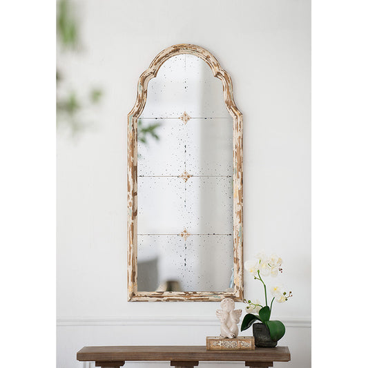 Elegant 22" x 48" Cream & Gold Arched Wall Mirror with Decorative Grid, Perfect for Living Room, Bathroom, or Entryway