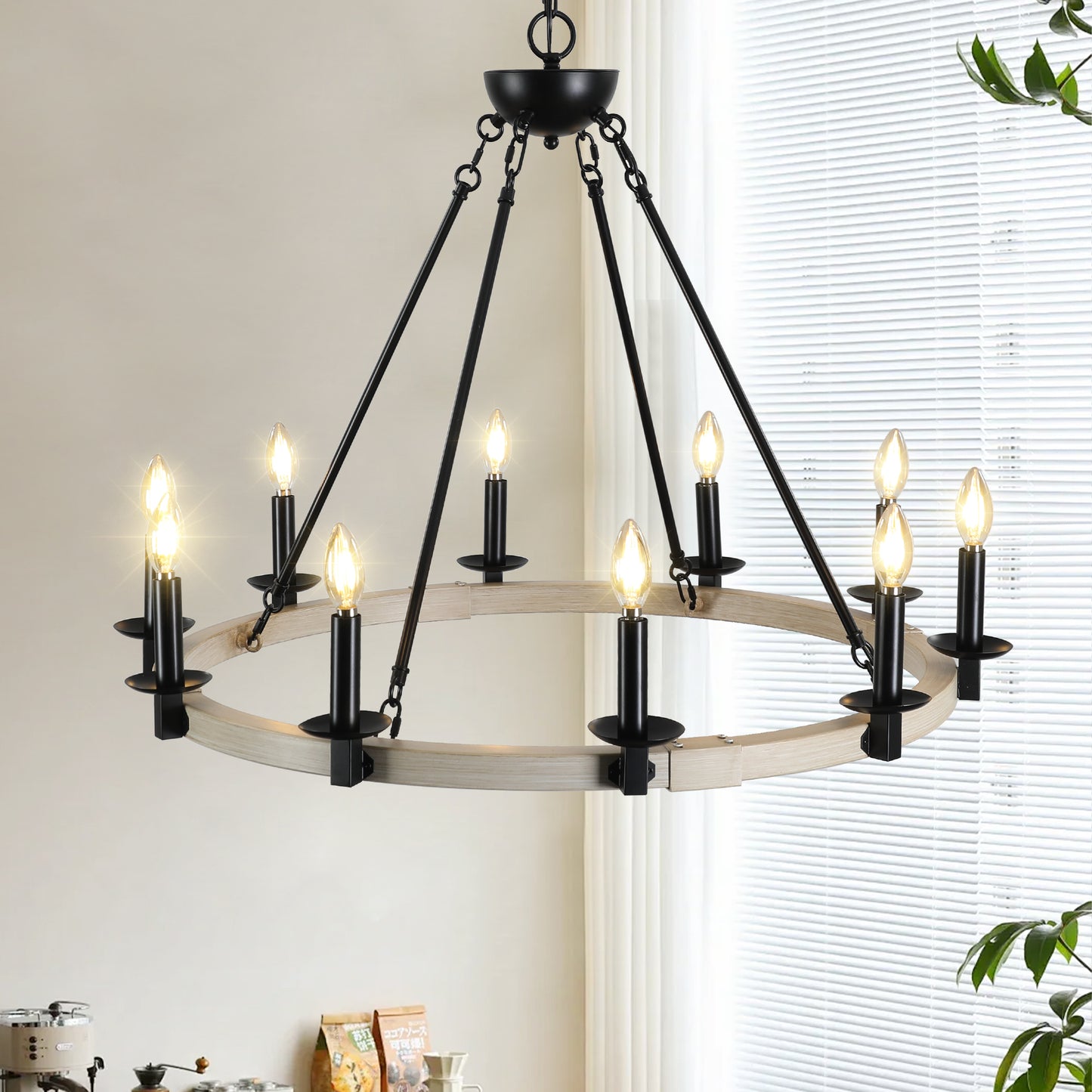 10-Light Rustic Farmhouse Round Chandelier for Dining, 31.5-in Dia, Iron & Wood, E12 Base - Matte Black