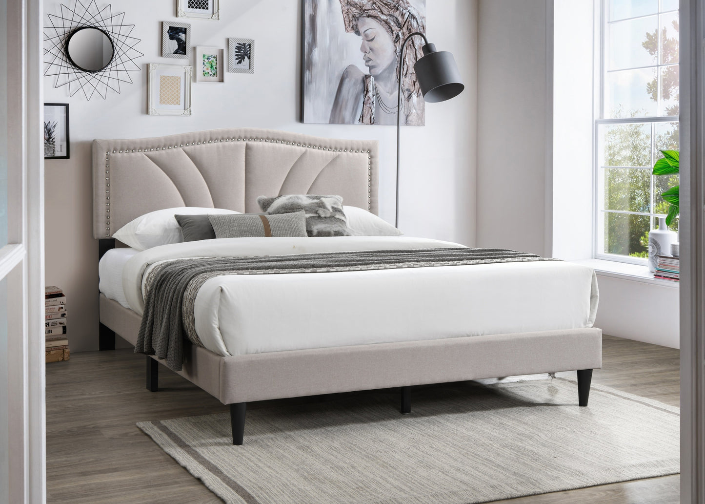 Chic Vintage Queen Bed with Light Brown Burlap Fabric and Nailhead Trim Headboard