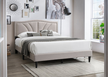 Chic Vintage Queen Bed with Light Brown Burlap Fabric and Nailhead Trim Headboard