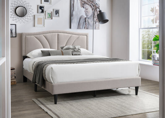 Chic Vintage Queen Bed with Light Brown Burlap Fabric and Nailhead Trim Headboard