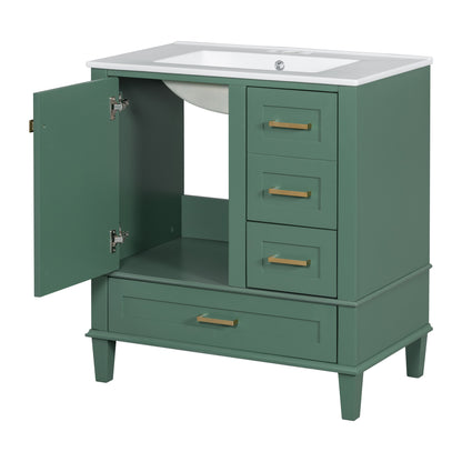 30" Stylish Green Bathroom Vanity with Soft-Close Doors and Sink Combo, Modern Cabinet Featuring 3 Spacious Drawers and Solid Wood Frame
