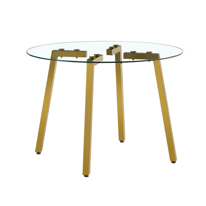 Modern minimalist style circular transparent tempered glass table, tempered glass tabletop, golden metal legs, suitable for kitchen, dining room, and living room, 42 "* 42" * 29.5 "1123r