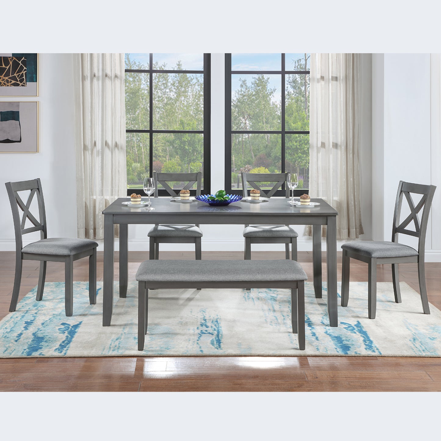 Wooden Dining Table Set Chairs And Bench Six Piece Gray