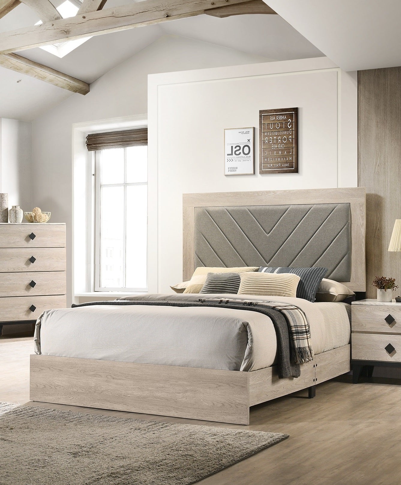 Elegant Cream California King Bed with Gray V-Design Headboard - Premium Rubberwood Frame