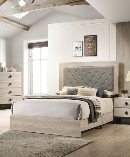 Elegant Cream California King Bed with Gray V-Design Headboard - Premium Rubberwood Frame