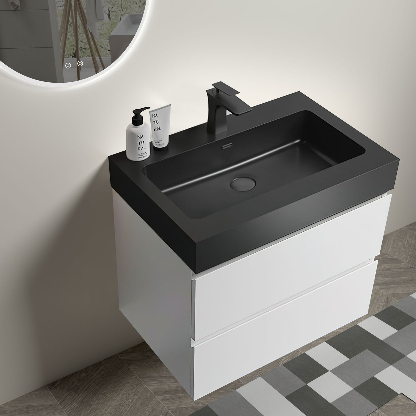 Alice 24" Modern White Floating Bathroom Vanity with Black Sink, Stylish Wall-Mounted Design and Ample Storage, Pre-assembled