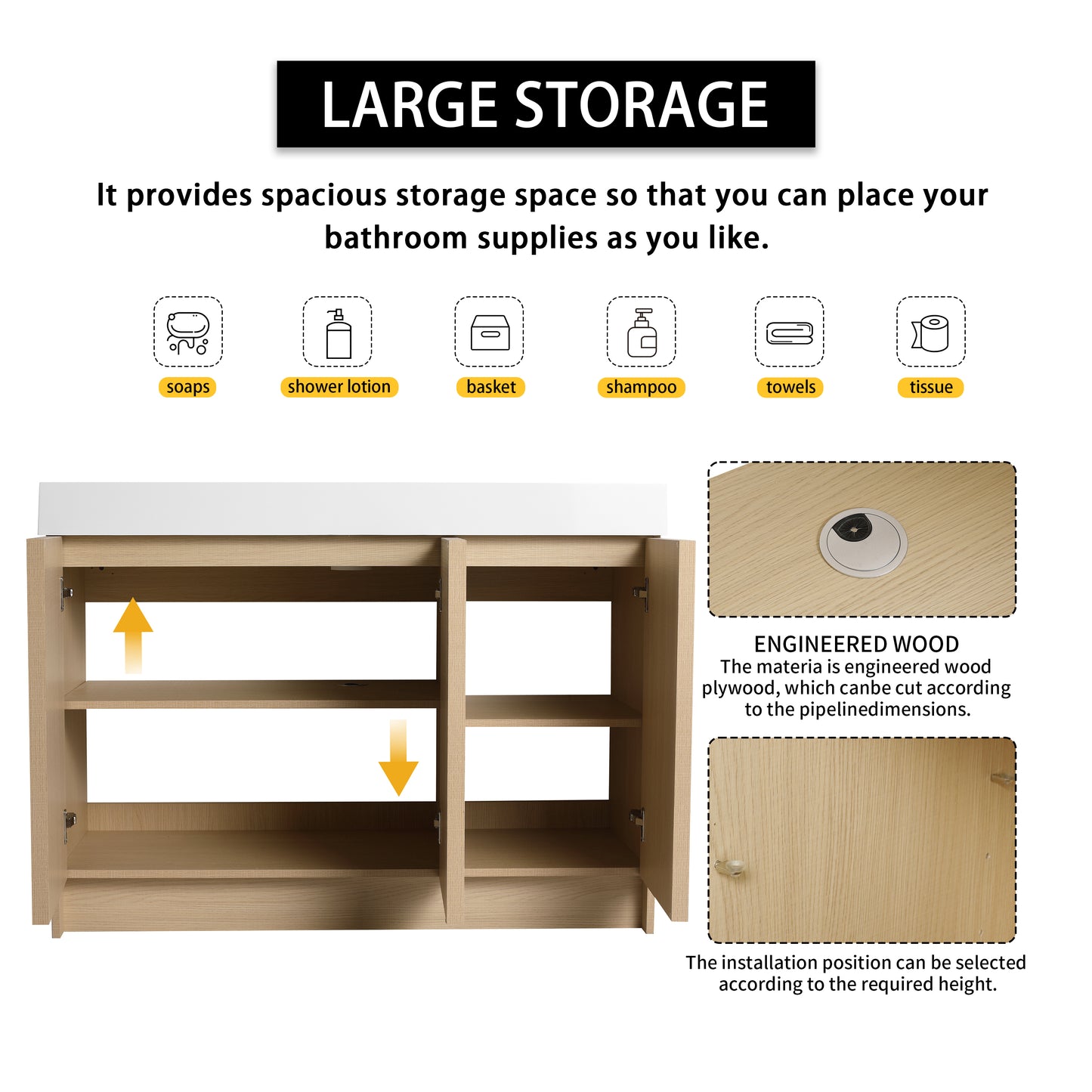 Modern 48" Freestanding Oak Bathroom Vanity with White Resin Sink & Soft-Close Doors