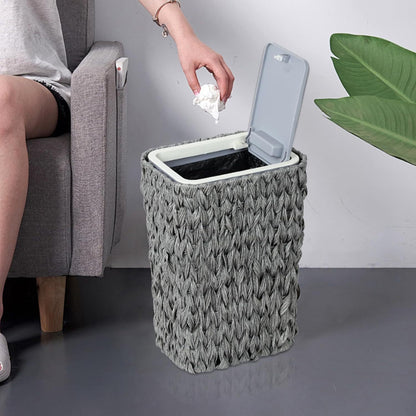 Bathroom Small Trash Can with Lid,2.6 Gallon Small Rattan Garbage Can with Press Top Lid,Double-Deck Slim Wicker Wastebasket Trash Can for Bathroom,Kitchen,Office,Living Room,Bedroom-Gray