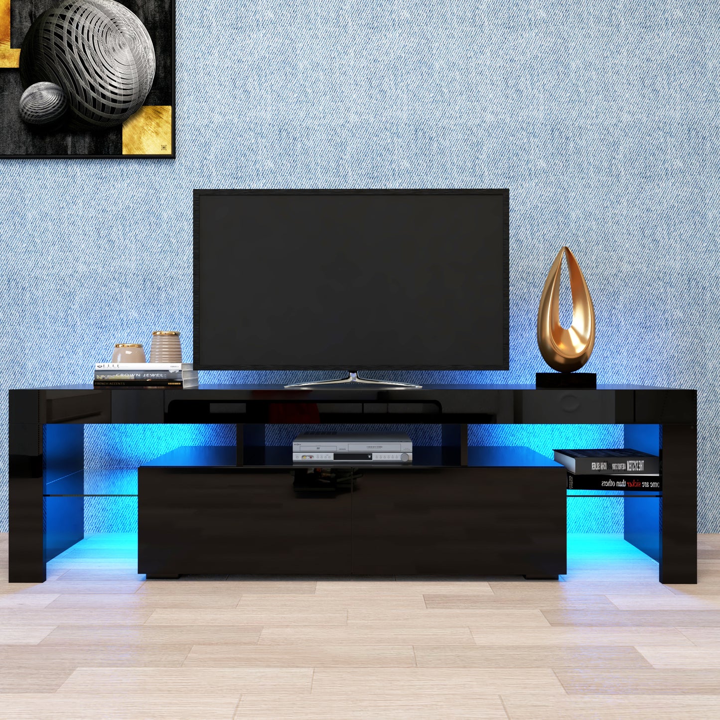 TV Stand for 60-70 Inch TVs with LED Lights and Remote, Push-Open Doors, MDF PB Living Room Console Black