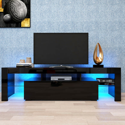 TV Stand for 60-70 Inch TVs with LED Lights and Remote, Push-Open Doors, MDF PB Living Room Console Black
