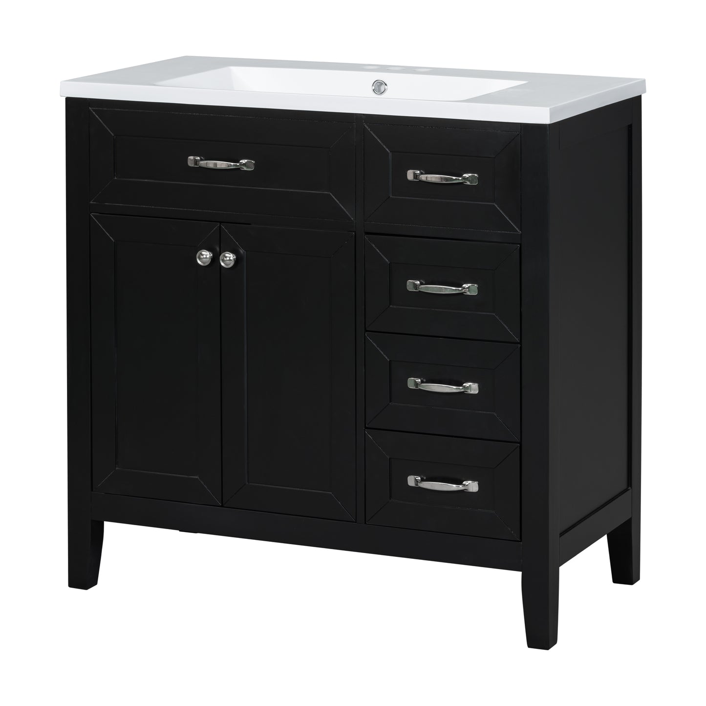 Stylish 36-Inch Black Bathroom Vanity with Integrated Sink, Durable MDF and Solid Wood Construction, Convenient Storage Drawers