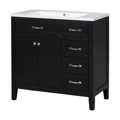 Stylish 36-Inch Black Bathroom Vanity with Integrated Sink, Durable MDF and Solid Wood Construction, Convenient Storage Drawers