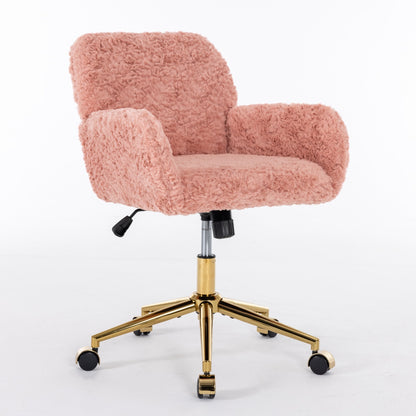 Elegant Pink Upholstered Office Chair with Golden Base - Adjustable Swivel Vanity Chair with Rabbit Fur Cushion