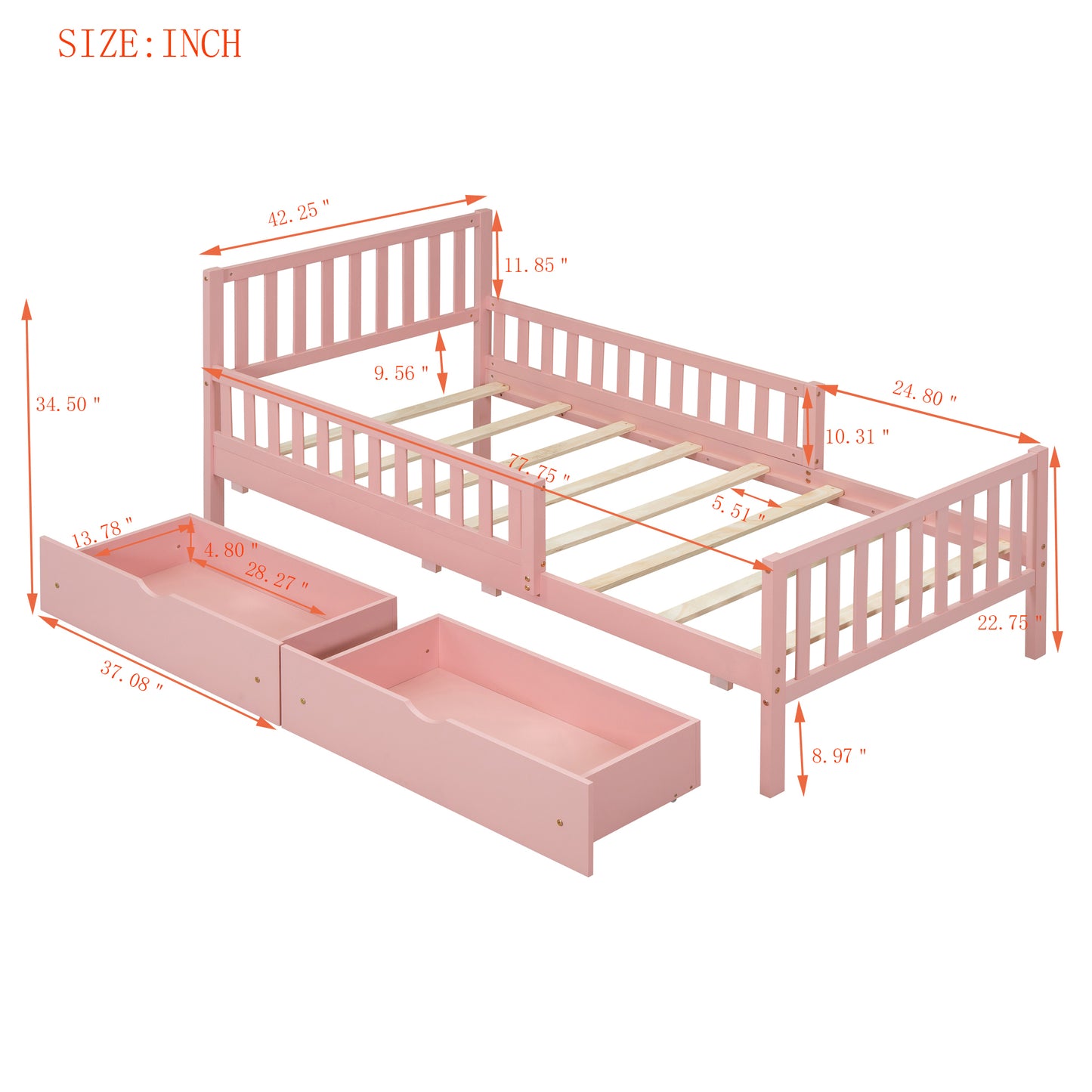 Twin Size Pink Wooden Platform Bed with Safety Guardrails and Dual Storage Drawers