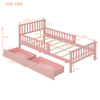 Twin Size Pink Wooden Platform Bed with Safety Guardrails and Dual Storage Drawers