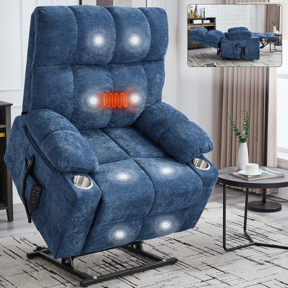 Power Lift Recliner Chair - Dual Motor, 350 Lb Capacity, Massage, Lumbar Heat, Cup Holders, Remote Blue